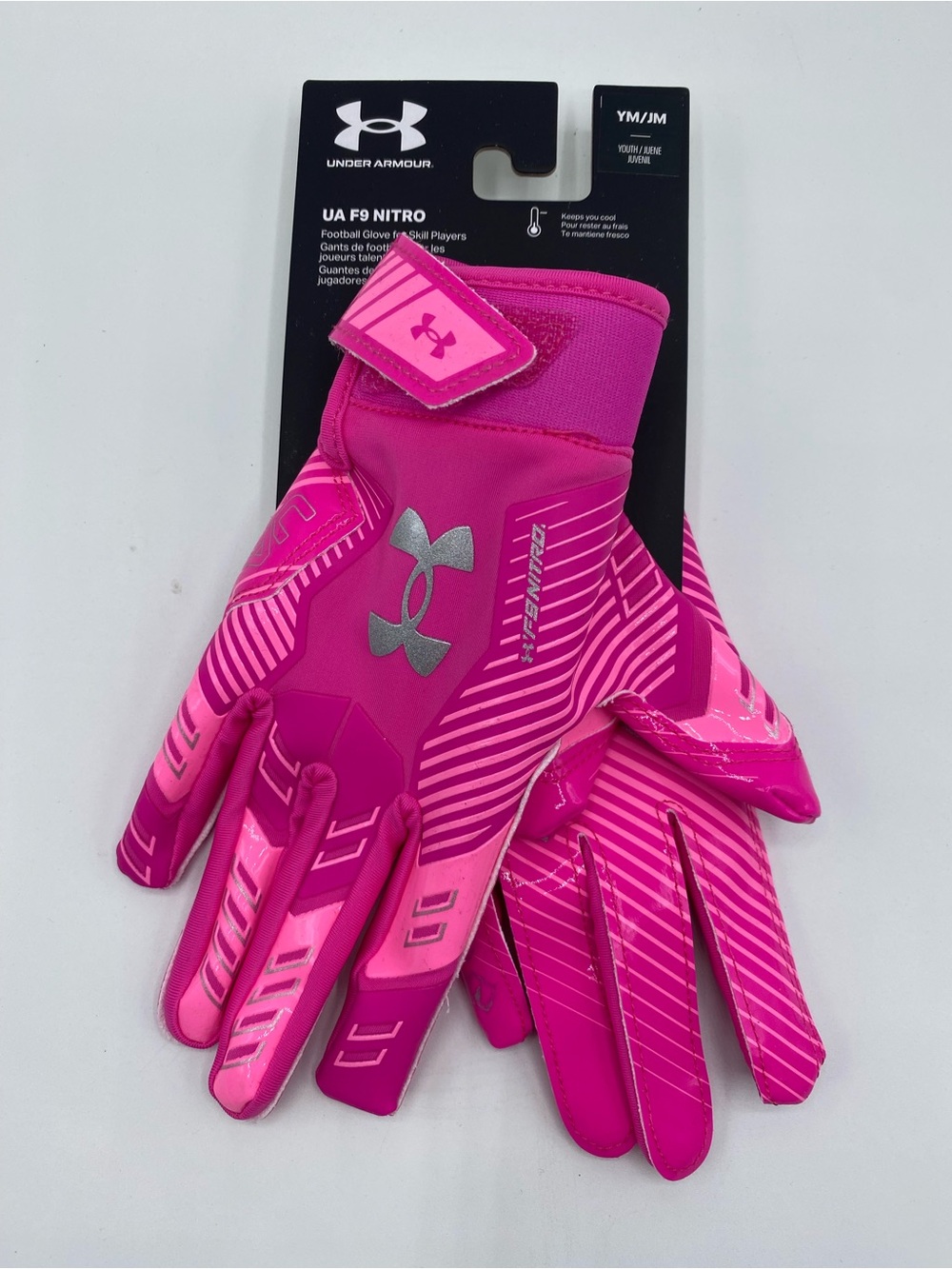 Under Armour UA F9 NITRO Pink Football Receivers Gloves Glue Grip Youth Size Med